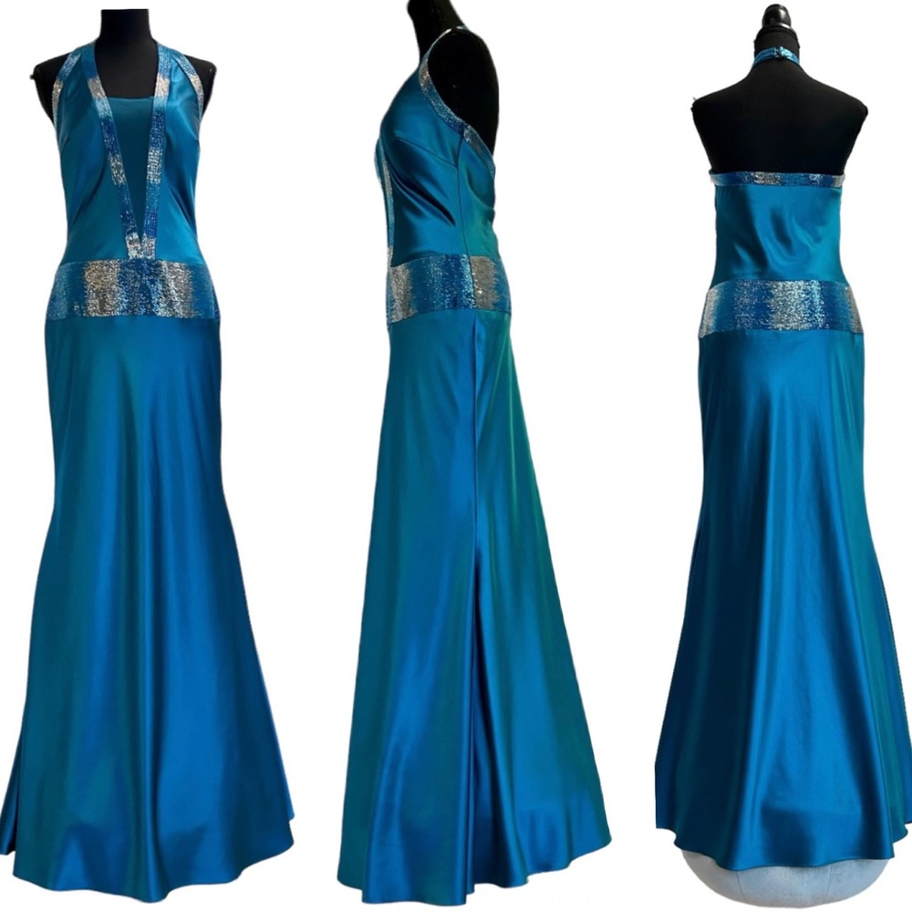 Only blue satin silver beaded halter top maxi dress prom Sz 44